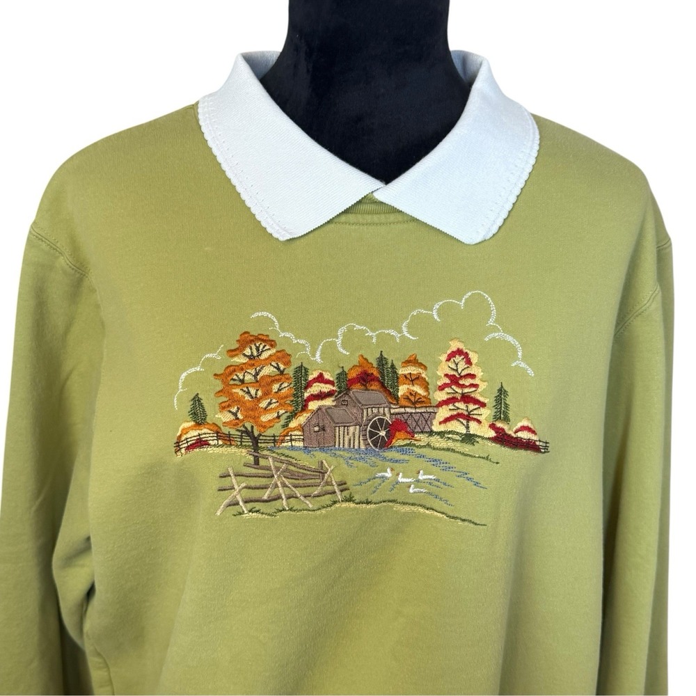 Vtg Green Collared Sweatshirt Autumn Embroidered Landscape Size XL Grannycore